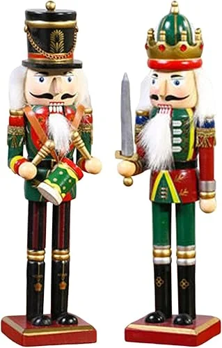 2Pcs Wooden Nutcracker Soldiers, 30cm Wood Painted Hanging Table Desktop Decor, Ornament for Home Fireplace Festive Traditional Christmas Tree Party Decoration