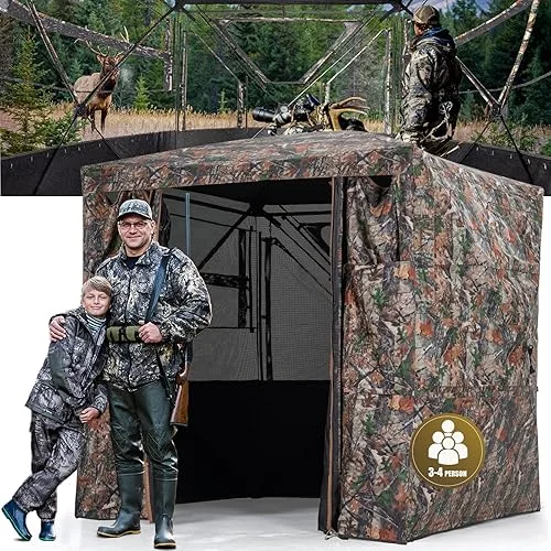 3-4 Person Hunting Blind – 270 Degree See Through Deer Blind with Magnetic Full Open Door – Pop Up Ground Blinds – Portable Resilient Hunting Tent for Deer & Turkey