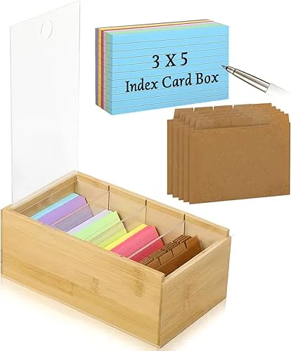 3’x5′ Wood Index Card Holder with Dividers Bamboo Index Card Organizer Box Index Card Storage Case Card Catalog Box 4 Compartments for 300 Cards File Note Flash Card Holders 5.9’W x 10’D x 4’H