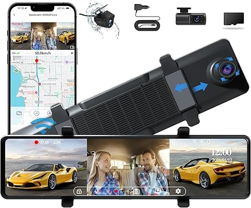 3 Channel Mirror Dash Cam, 12′ Triple Rear View Mirror with Front 4K, Inside and Rear 1080P Cameras with WiFi, G-Sensor, Reverse Assist, Parking Monitoring, Free 64GB Card