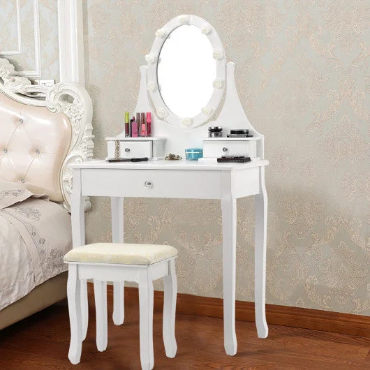 3 Drawers Lighted Mirror Vanity Dressing Table Stool Set-White