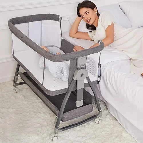 3 in 1 Baby Bassinet Bedside Sleeper, Height Adjustable Rocking Bassinet for Newborn and Infant with Mattress, Storage Basket, and Wheels (Grey)