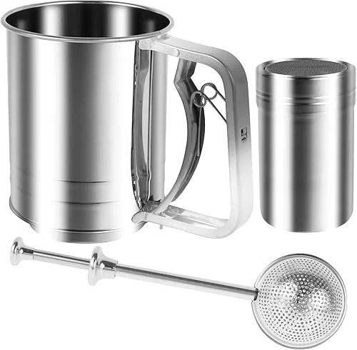 3 in 1 Flour Sifter for Baking, Stainless Steel Flour Sifter with Spring Handle, Powdered Sugar Shaker Duster,Fine Mesh Flour Sieve,Flour Shaker Duster,Handheld Baking Sifter for Baking Cakes Desserts