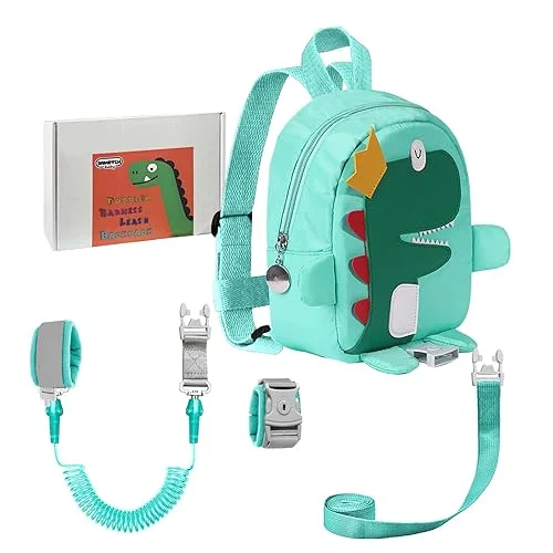 3 in 1 Toddler Harness Leash-Baby Walking Safty Harness + 8.2ft Anti Lost Wrist Link + Cute Dinosaur Backpack,Kids Walking Tether with Key Lock for Boy‘s Outdoor Activity Travel(Mint Green)