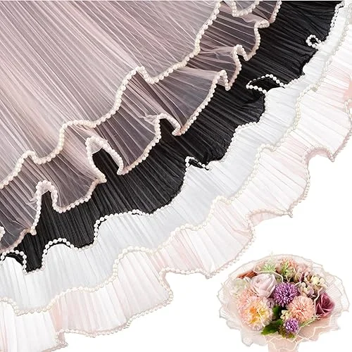3 Pack Pearl Edge Bouquet Packaging Paper, Korean Flower Wrapping Mesh Paper Floral Net Yarn Wrinkle Waves Paper for Wedding Anniversary Birthday Florist Supplies 4.37 Yards (white pink black)
