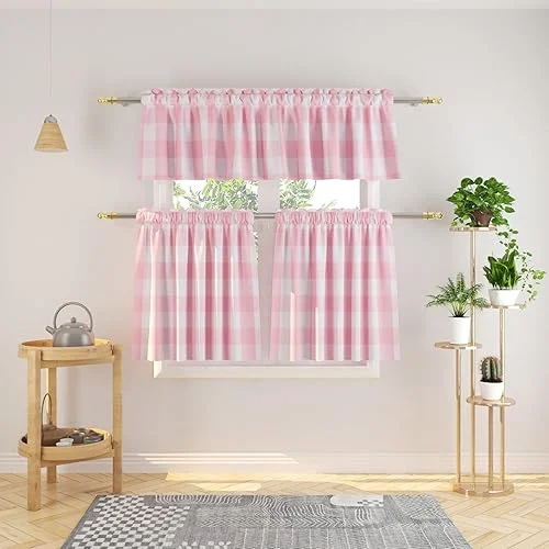 3 Pc Cotton Classic Country Farmhouse Kitchen Window Curtain -Pink & White Buffalo Check Tier & Valance Set, 54′ x 18′ / 27′ x 30′