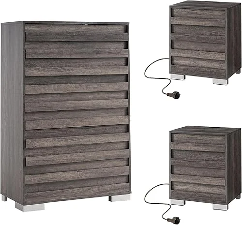 3 Pcs Bedroom Furniture Set – Includes Farmhouse 5 Drawer Dresser and Nightstand Sets of 2 with Charging Station, Slated Handles & Stainless Steel Feet, Rustic Grey