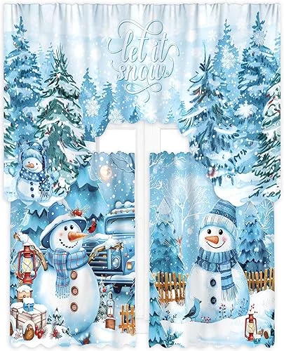 3 Pcs Christmas Kitchen Curtains Window Curtains and Valance Set Xmas Christmas Curtains Swag for Kitchen Bedroom Living Room Decor, 60 x 36 Valance, 36 x 30 Tier(Blue,Snowman)