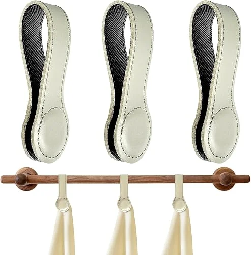 3 Pcs Magnetic Towel Clips Leather Kitchen Towel Clips, Kitchen Hand Towel Holder Bath Towel Hooks for Towel Rods and Racks, Kitchen Oven Handle Towel Hanging Clips (Grey)