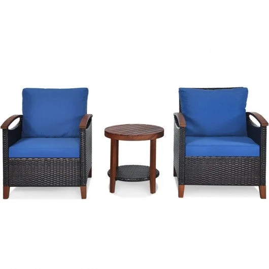 3 pcs Solid Wood Frame Patio Rattan Furniture Set