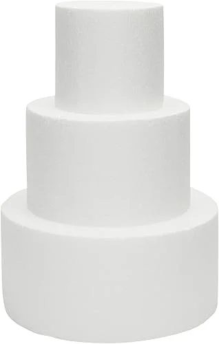 3 Piece Round Foam Cake Dummy Set for Decorating, Faux Cake in 3 Sizes for Birthday, Wedding Display (10.8 Inches Tall)