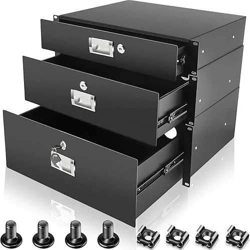 3 Pieces 2U, 3U, 4U Rack Mount Drawer 19 Inch Server Cabinet Case Drawer Metal DJ Locking Lockable Deep Drawer Racks Drawer with Key for Enclosure Server Rack Cabinet, Black