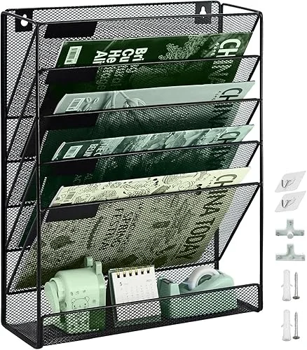 3 Pockets Mesh Wall File Holder Organizer with Bottom Flat Tray, Office Hanging File Folder Magazine Rack, Nametag Label Hooks Set Included, Black