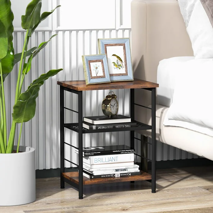 3-Tier Industrial Side Table with Adjustable Mesh Shelf (Set of 2)