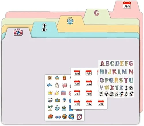 3 x 5 Inches Index Card Dividers with 77 Easy-Read Stickers Colored Note Cards Alphabetical Index Cards Guides Index Card Monthly Dividers for Office Kitchen Home School，100pcs