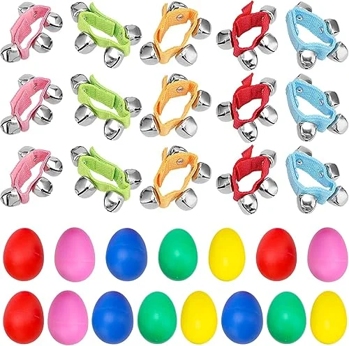 30 Packs Shaker Musical Instruments, 15 Packs Plastic Egg Shakers and 15 Packs Wrist Band Jingle Bells, Jingle Bells Instrument Wrist Shaking Bells for Party, Christmas, Birthday, 5 Colors