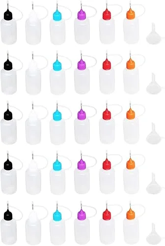 30 Pcs Precision Tip Applicator Bottles, Including 30pcs 1 Ounce Translucent Bottles, 30pcs Colored Tips and 5pcs Mini Funnels for DIY Quilling Craft, Acrylic Painting
