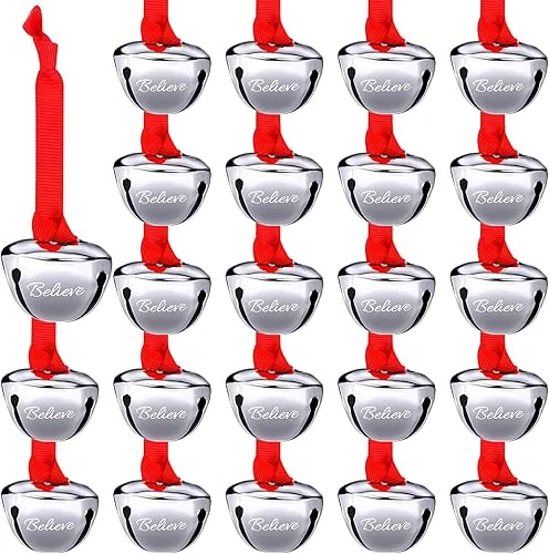 30 Pieces Believe Bell Ornament for Christmas Tree Sleigh Bell with Ribbon Xmas Party Home Decoration 1.5 inch (Silver)