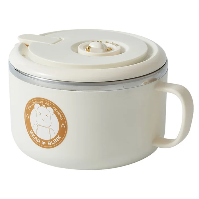 304 Stainless Steel Insulated Instant Noodle Bowl With Lid Drainage Noodle Bowl Cream White