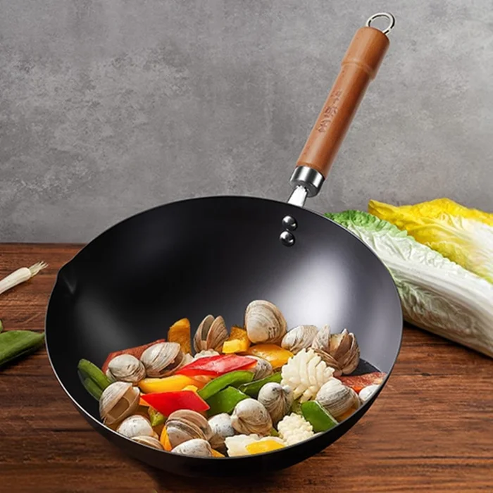 30CM Chinese Carbon Steel Wok And 26CM Carbon Steel Pan with Lid Flat Bottom No Chemical Coated for All Stoves