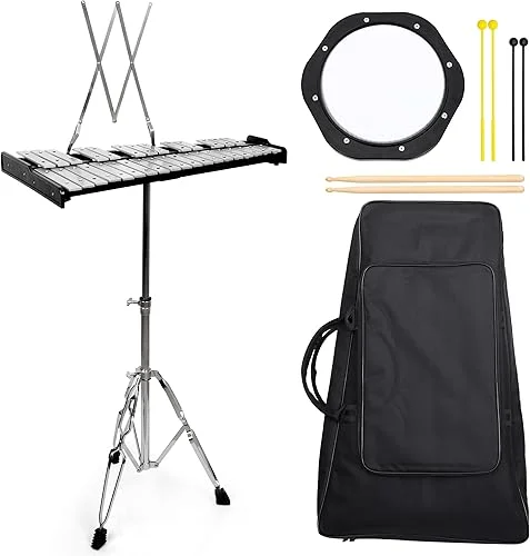 32 Notes Foldable Glockenspiel Xylophone, Bell Kit for Adults and Kids, Percussion Instrument Kit with Adjustable Height Stand, Muted Practice Pad, Music Stand, 3 Mallets, Carrying Bag