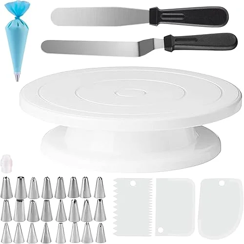 32 Pcs Cake Decorating Kit, Baking Supplies Set with Cake Turntable Stand, 24 Icing Piping Tips, 3 Scrapers, 2 Spatulas, 1 Coupler and 1 Reusable Piping Bag