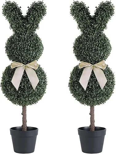 36′ Bunny-Shaped Topiary Trees Artificial Outdoor Set of 2, 3ft Faux Boxwood Plants UV-Resistant for Front Porch Planter Spring Easter Decor 3 Feet