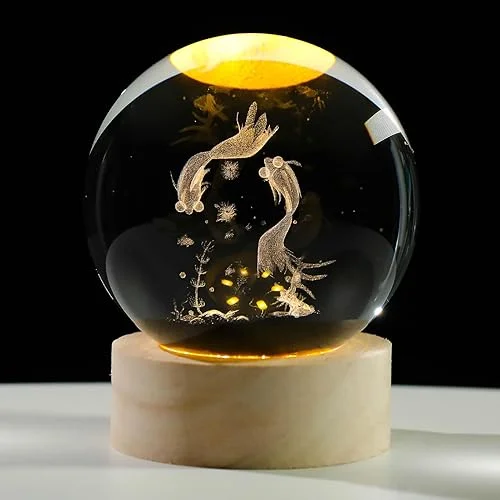 3D Goldfish Crystal Ball Night Light, Crystal Goldfish Figurines with Wooden Base Gifts for Women and Kids, 3D Laser Engraved Glass Sphere Paperweight Decor for Home Office.