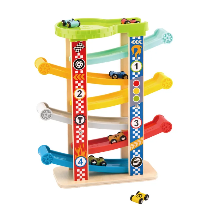3D Wooden Zig-Zag Racetrack Sliding Tower with 6 Toy Cars