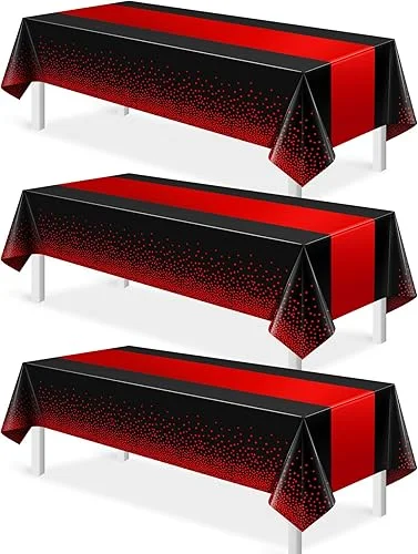 3Pcs Black and Red Tablecloth Party Decorations,Plastic Black Table Cloth Printed Red Table Runner Disposable Rectangle Table Cover for Birthday Weeding Anniversary Graduation Party,54 x108 Inch
