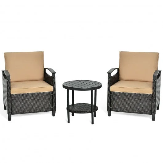 3Pcs Patio Rattan Furniture Set Cushioned Sofa Storage Table with Shelf Garden