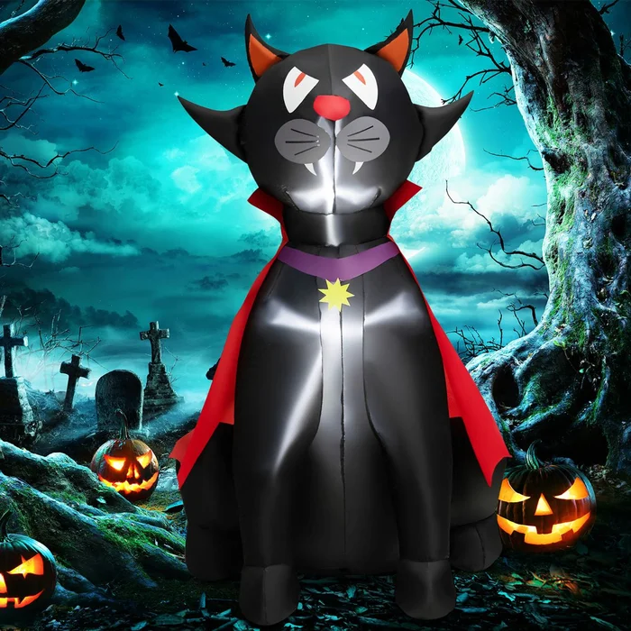 4.7-Foot Halloween Inflatable Vampire Cat with Red Cloak