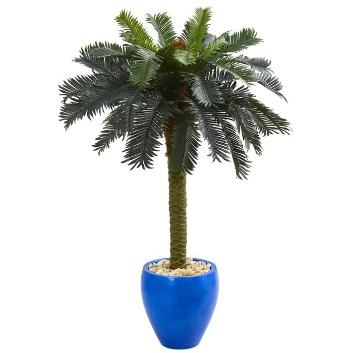 4′ Sago Palm Artificial Tree in Glazed Blue Planter
