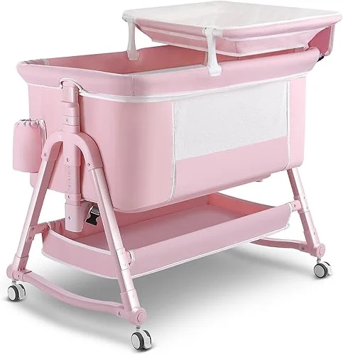 4 in 1 Bedside Bassinet for Baby, Portable Baby Bassinet with Wheels, Baby Crib with Changing Station, Mattress Included and Storage, Foldable Travel Bassinet for Baby/Infant/Newborn-Pink