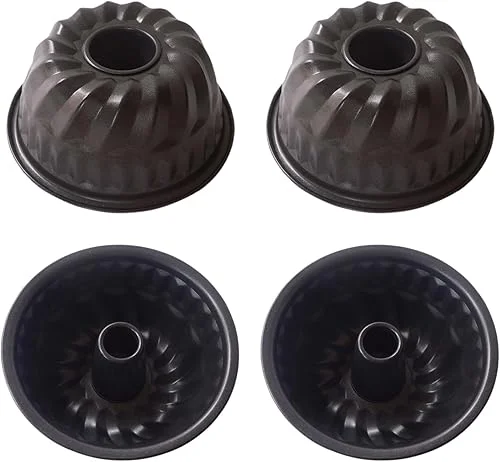 4 Inch Fluted Cake Pan, 4 Pack Mini Bundt Cake Pan Set, Nonstick Fluted Tube Cake Pan, Reusable Carbon Steel Small Baking Cup Mold for Brownie, Jello, Bavarois – Round, Black
