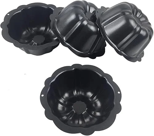 4 Inch Nonstick Mini Bundt Cake Pan, Set of 4 for Baking, Carbon Steel Fluted Cake Pans, Metal Round Pumpkin Shaped Cake Mould for Cupcake, Muffin, Brownie, Pudding – Black