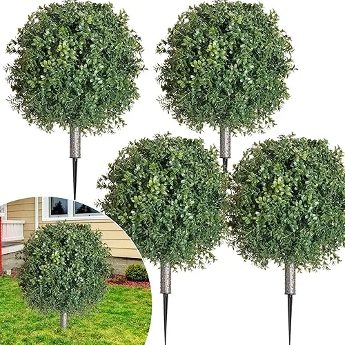 4 Pcs Artificial Boxwood Topiary Ball Bush 26′ Tree UV Resistant with Spike Easy to Push in The Ground Fake Boxwood Plants Faux Greenery Shrubs for Indoor Outdoor Home Garden (Dark Green)