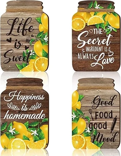 4 Pcs Kitchen Wall Decor Mason Jar Set Wooden Rustic Home Decor Inspirational Kitchen Hanging Farmhouse Wall Signs for Home decoration(Lemon)