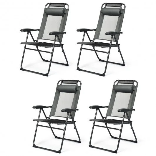 4 Pcs Patio Garden Adjustable Reclining Folding Chairs with Headrest-Gray