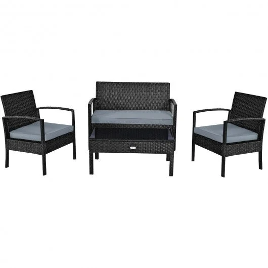 4 PCS Patio Rattan Cushioned Furniture Set -Black