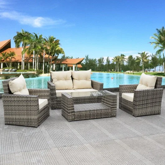 4 pcs Patio Rattan Cushioned Sofa