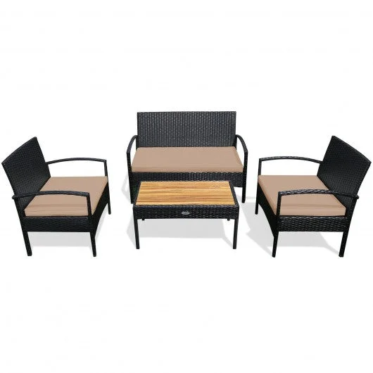 4 Pcs Patio Rattan Furniture Set Sofa Chair Coffee Table with Cushion-Brown