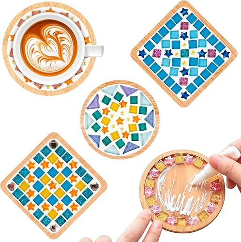 4 Sets DIY Glass Mosaic Tiles for Crafts,Mixed Color Mosaic Kits with Wooden Coaster for Adults,Mosaic Crafts Materials Package for Coaster Handmade Home Decor Gifts…