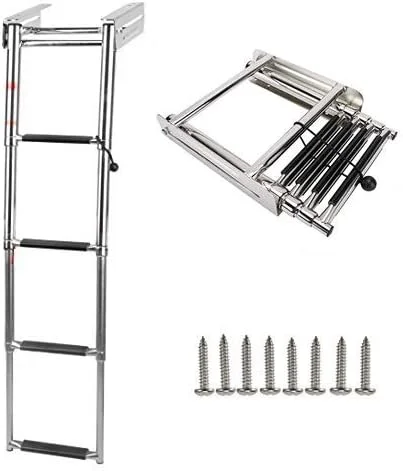 4 Steps Telescoping Drop Ladder Marine Boat Ladder Stainless Steel Telescoping Ladder Slide Under Platform Mount Boarding Ladder with Mounting Screws & Retaining Rope