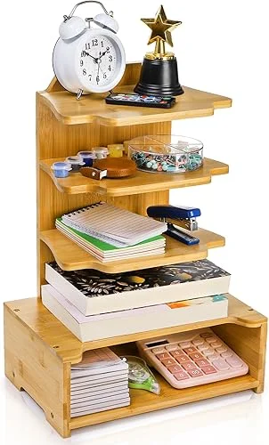 4 Tier Desktop Bookshelf, Small Bamboo Bookcase with Drawer, Display Floor Standing Storage Shelf Book Organizer Shelves for Home Office, Living Room, Bedroom