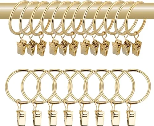 40 Pcs 1.5′ Metal Curtain Rings with Clips, Drapery Hanging Rings Clips for Tension Rod Bracket Eyelets Decorative Hangers, Gold