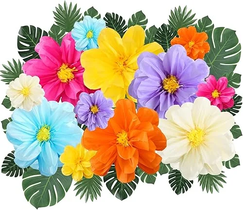 42 Pcs Tissue Paper Flowers Faux Palm Leaves Set 12 Pcs 20''/10'' Colorful Giant Paper Flowers and 30 Pcs Tropical Leaves for Summer Hawaiian Luau Mexican Fiesta Birthday (Bright Colors)