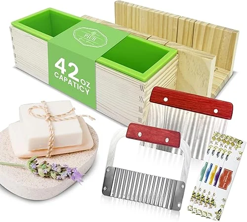 42oz Loaf Mold Soap Making Supplies Kit, Included Adjustable Wooden Cutting Box + Rectangular Loaf Mold with Wooden Box + Stainless Steel Wavy+Straight Cutter + Soap Warppers for DIY Soap Making