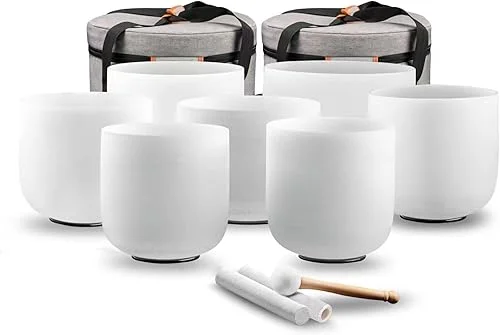 432 hz 7-12 Inch Set of 7 Frosted Quartz Crystal Singing Bowl Chakra Set with Free 2 pcs Carrying Case