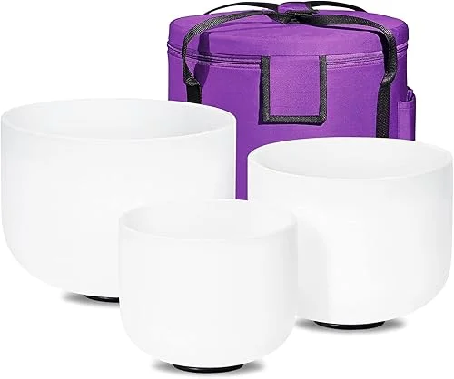 432HZ Sound Healing 8''-12'' Set of 3 Crystal Singing Bowls, Frosted Chakra Quartz Crystal Sound Bowl Set 8'' B 10'' E 12'' C with Carry Bags